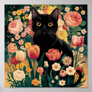 Gustav Klimt Florale Schwarze Katze, Vintage Eklek Poster