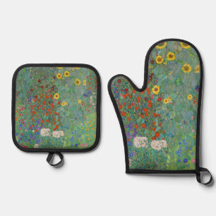 Gustav Klimt - Garten mit Sonnenblumen Ofenhandschuh & Topflappen-Set