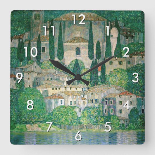 Gustav Klimt - Kirche von Cassone Quadratische Wanduhr (Vorderseite)