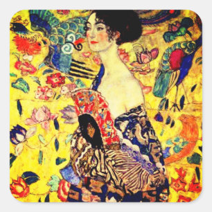 Gustav Klimt Lady mit Fan Quadratischer Aufkleber