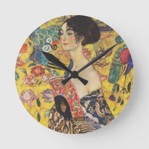 Gustav Klimt Lady With Fan Art Nouveau Painting Runde Wanduhr
