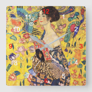 Gustav Klimt "Lady with fan" Quadratische Wanduhr