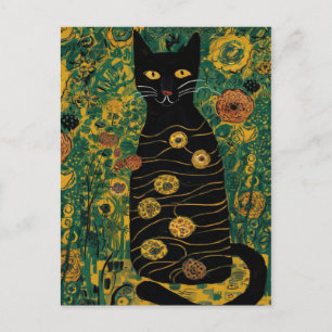 Gustav Klimt Niedliche Schwarze Katze im Blumengar Postkarte