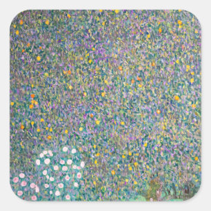 Gustav Klimt - Rosensträucher unter den Bäumen Quadratischer Aufkleber