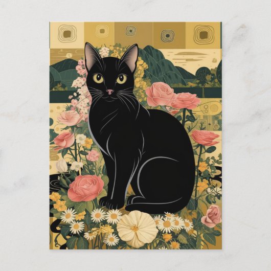 Gustav Klimt Schwarze Katze Im Blumengarten, Katze Postkarte (Vorderseite)