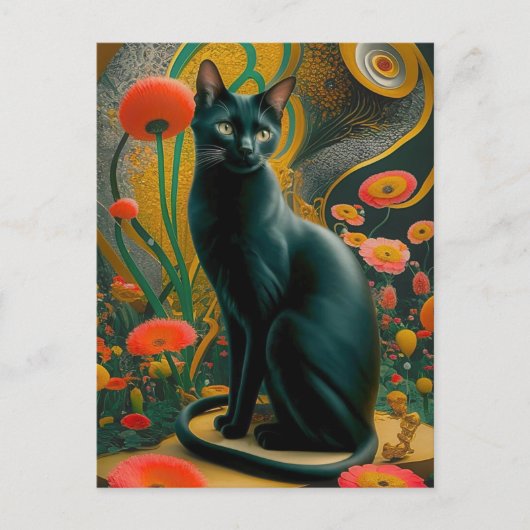 Gustav Klimt Schwarze Katze Im Blumengarten, Katze Postkarte (Vorderseite)