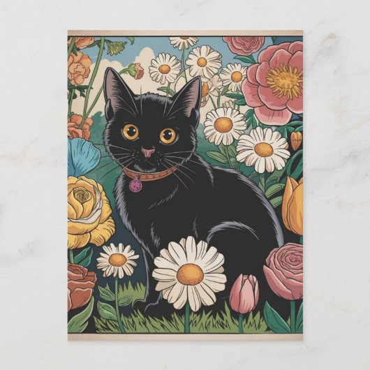 Gustav Klimt Schwarze Katze Im Blumengarten, Katze Postkarte (Vorderseite)