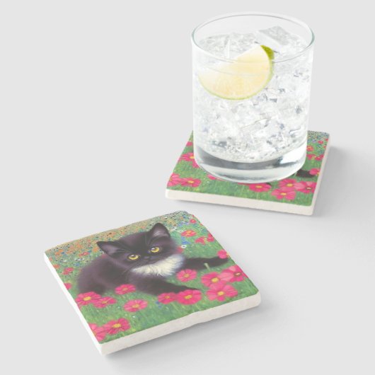 Gustav Klimt Tuxedo Cat Steinuntersetzer (Seitenansicht)