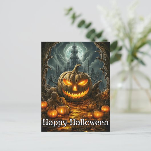 Gut beleuchteter Nefarious Pumpkin | Frohe Hallowe Postkarte (Stehend Vorderseite)