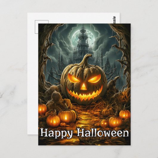 Gut beleuchteter Nefarious Pumpkin | Frohe Hallowe Postkarte (Vorne/Hinten)