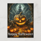 Gut beleuchteter Nefarious Pumpkin | Frohe Hallowe Postkarte (Vorderseite)