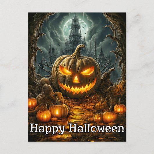 Gut beleuchteter Nefarious Pumpkin | Frohe Hallowe Postkarte (Vorderseite)
