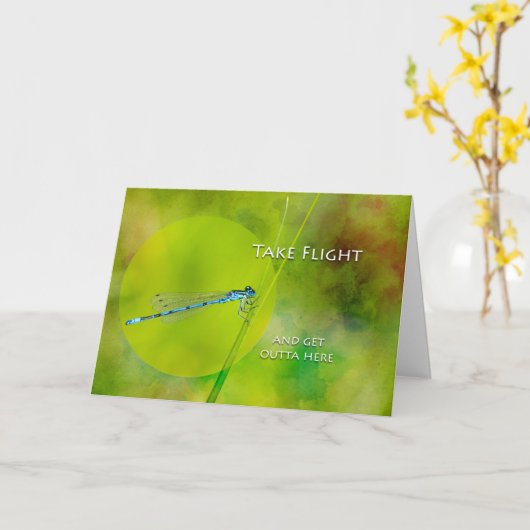 Gut Bye, Abschied, Damselfly auf einer Grasblase Karte (Gelbe Blume)