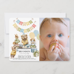 Gut gekleidete Tiere Bärenjunge Foto 1. Geburtstag Einladung