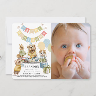 Gut gekleidete Tiere Bärenjunge Foto 1. Geburtstag Einladung