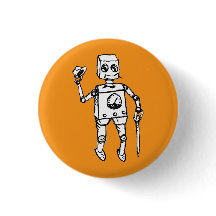 Gutaussehender Roboter auf einem orangen Feld
