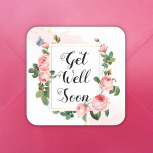 Gute Besserung, Wasserfarbe rosa Vintage-Rosen Quadratischer Aufkleber