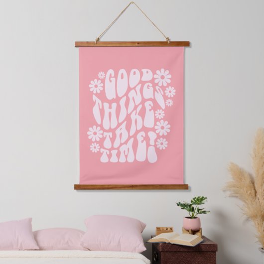 Gute Dinge brauchen Zeit Retro-Blume Wandteppich Mit Holzrahmen (Schlafzimmer)