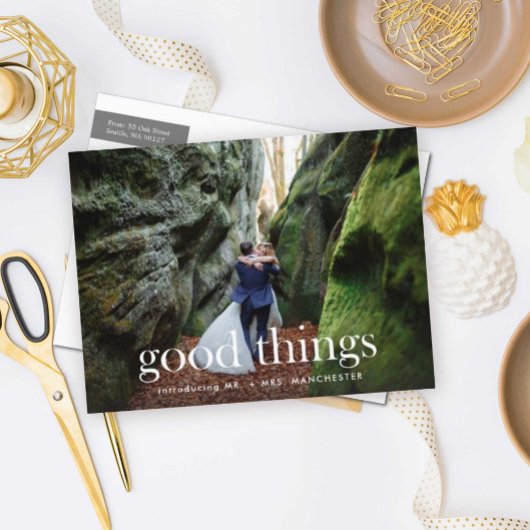 Gute Dinge, um Hochzeitsankündigung zu feiern Ankündigungspostkarte