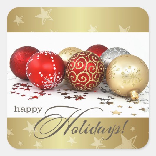 Gute Ferien. Red Gold Baubles Weihnachten Quadratischer Aufkleber (Vorderseite)