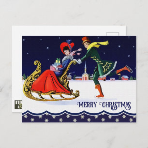 Gute Ferien. Vintag Skaten Couple Christmas Postkarte