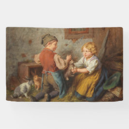 Gute Freunde (junge Jungen, die mit Hasen spielen Banner