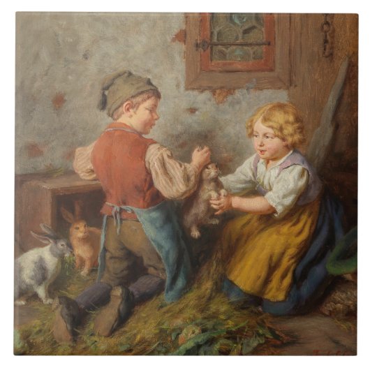 Gute Freunde (junge Jungen, die mit Hasen spielen Fliese (Vorderseite)