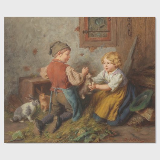 Gute Freunde (junge Jungen, die mit Hasen spielen Geschenkpapier (Flach)