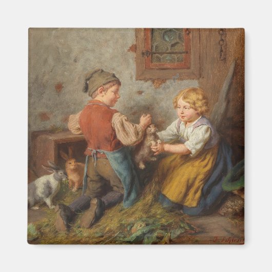 Gute Freunde (junge Jungen, die mit Hasen spielen Magnet (Vorne)