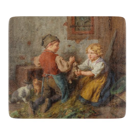 Gute Freunde (junge Jungen, die mit Hasen spielen Schneidebrett (Vorderseite)