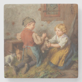 Gute Freunde (junge Jungen, die mit Hasen spielen Steinuntersetzer