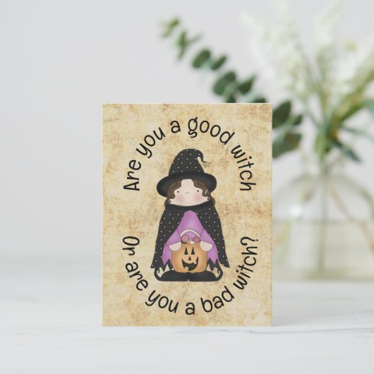 Gute Hexe oder schlechte Hexe? Kids Halloween Postkarte (Stehend Vorderseite)
