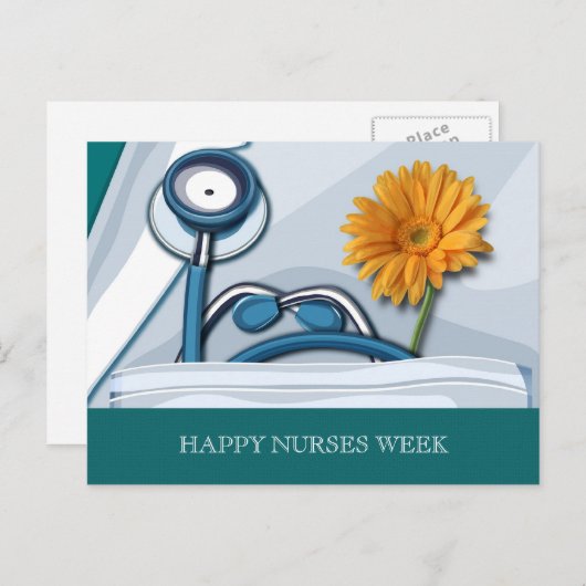 Gute Krankenwoche. Stethoscope und Daisy Postkarte (Vorne/Hinten)
