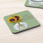 Gute Morgensonne Sonnenblumen auf grünem Untersetz Getränkeuntersetzer (Linke Seite)