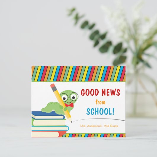 Gute Nachrichten aus der Schule mit Bookworm Postkarte (Stehend Vorderseite)