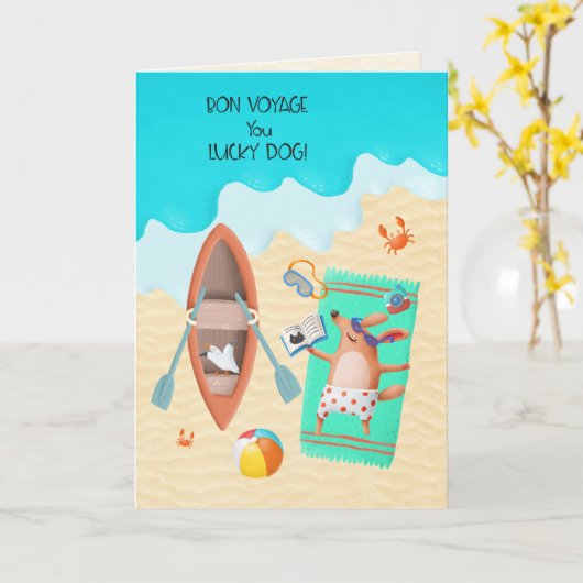 Gute Reise, Lucky Dog Sunbathing on the Beach Karte (Gelbe Blume)