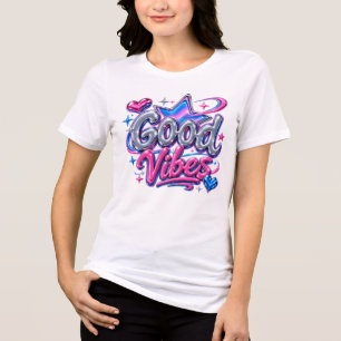 Gute Vibes Chrome-Blasenbuchstaben Y2K Rosa Blau S Tri-Blend Shirt