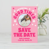 Gute Zeiten Groovy Pink Hochzeit Save The Date (Stehend Vorderseite)