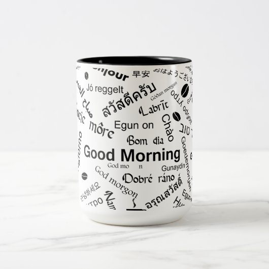 Guten Morgen in allen Sprachen des Wortes Zweifarbige Tasse (Mittel)