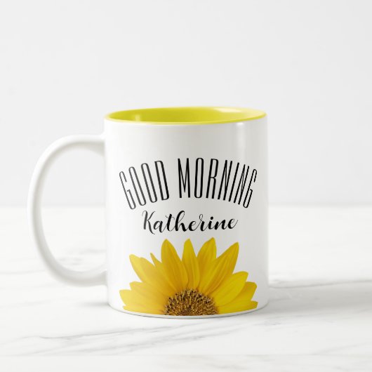 Guten Morgen Individuelle Name Sonnenblume Zweifarbige Tasse (Links)