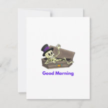 Guten Morgen Skelett in einem Sarg auf einer 