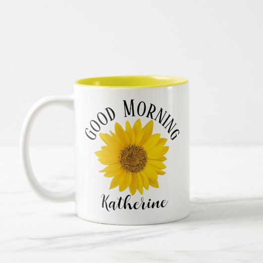 Guten Morgen Sonnenblumen-Individuelle Name Zweifarbige Tasse (Links)