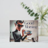 Guten Morgen Teufel Fütternd Katze Postkarte (Stehend Vorderseite)