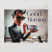 Guten Morgen Teufel Fütternd Katze Postkarte (Vorderseite)