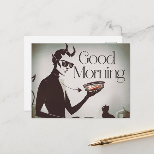 Guten Morgen Teufel Fütternd Katzenverwandtschaft Postkarte (Vorderseite/Rückseite Beispiel)