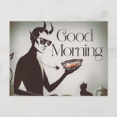 Guten Morgen Teufel Fütternd Katzenverwandtschaft Postkarte (Vorderseite)