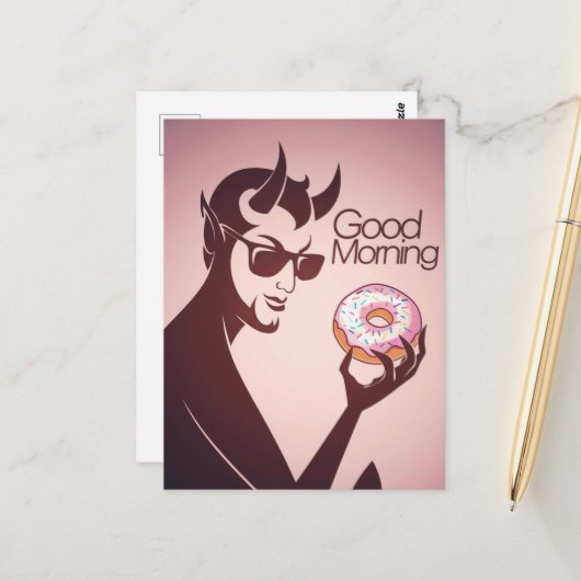 Guten Morgen Teufel mit Donut Postkarte (Vorderseite/Rückseite Beispiel)