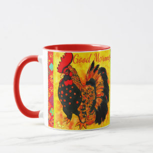 Guten Morgen Text Hahn Rot Orange Zeichnung Tasse