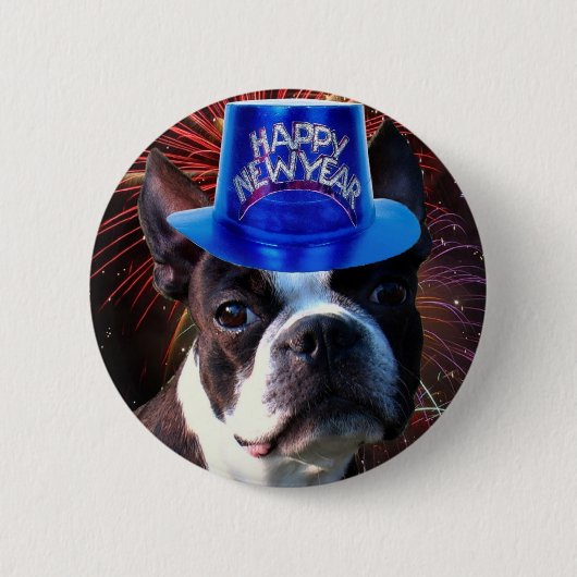 Guten Rutsch ins Neue Jahr-Boston-Terrierknopf Button (Vorderseite)