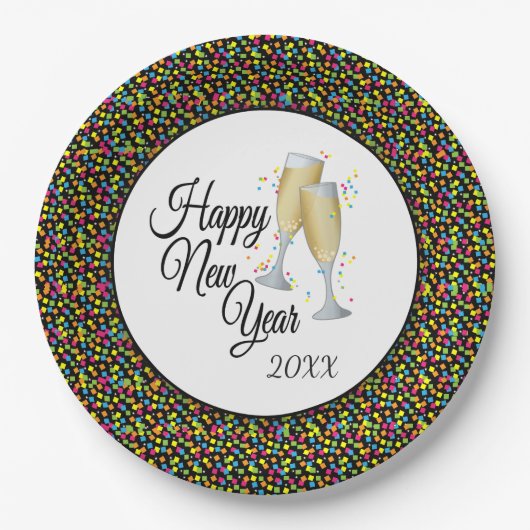 Guten Rutsch ins Neue Jahr, bunter Confetti, Pappteller (Vorderseite)